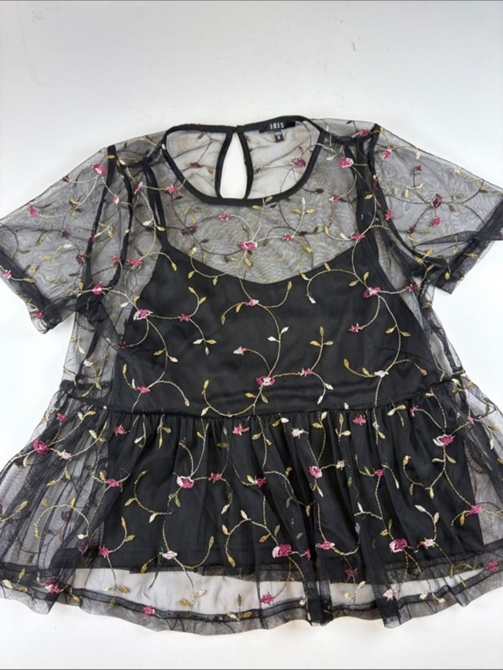 IRIS BLACK SHEER MESH FLORAL EMBROIDERED PEPLUM TOP BLOUSE SIZE SMALL